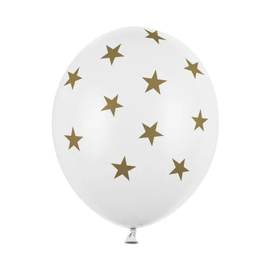 Balon lateksowy z helem, biały, PartyDeco, 30cm - Gwiazdki złote biały